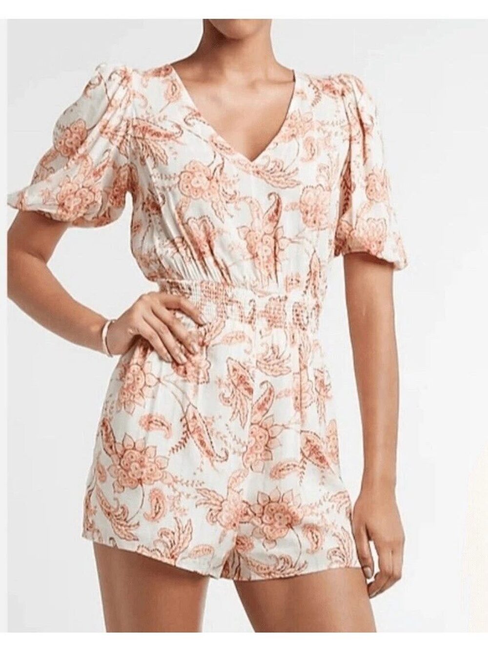 Express Women's Floral Print V-Neck Romper with Puff Sleeves, Size Small